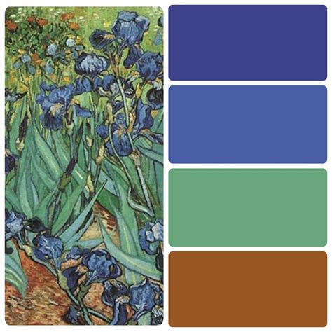 Van Gogh Color Palette, Van Gogh Palette Color Schemes, Van Gogh Colour Palette, Van Gogh Inspired Room Decor, The Bedroom Van Gogh, Van Gogh Bedroom Painting, Van Gogh Irises, Nature Color Palette, Color Swatch