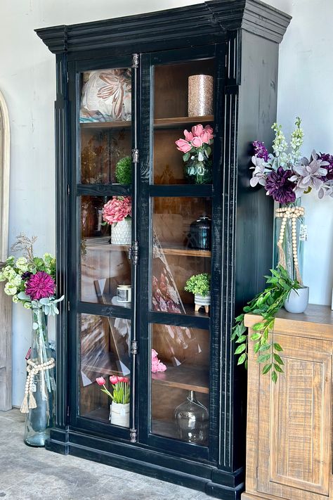 Claudia Vitrine-Handrubbed Black/Mahogany Interior Bookshelves Bedroom, Mahogany Interior, Paneled Doors, Rustic Country Kitchens, Country Kitchens, Glass Panel Door, Counter Height Chairs, Bedroom Items, Small Desk