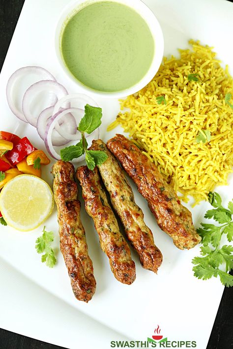 Chicken Seekh Kabab Chicken Seekh Kabab, Seekh Kabab, Cilantro Chutney, Mint Chutney, Kebab Skewers, Kabab Recipe, Skewers Grill, Clay Oven, Chicken Masala