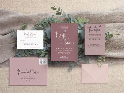 2021 Wedding color Mauve and Dusty Rose inspired simple wedding invitation suite - Novalie! Shop Now: https://www.etsy.com/shop/WhiteLaceDesign #whitelacebridal #whitelacedesign #weddinginvite #weddinginvitation #floralinvitation #weddingwire #theknot #pittsburghbride #burghbride #indianapa Unique Wedding Invitations Elegant, Mauve Wedding Invitations, Mountain Wedding Invitations, Simple Wedding Invitation, Mauve Wedding, Burgundy Wedding Invitations, Rose Wedding Invitations, Dusty Rose Wedding, Blush Wedding Invitations