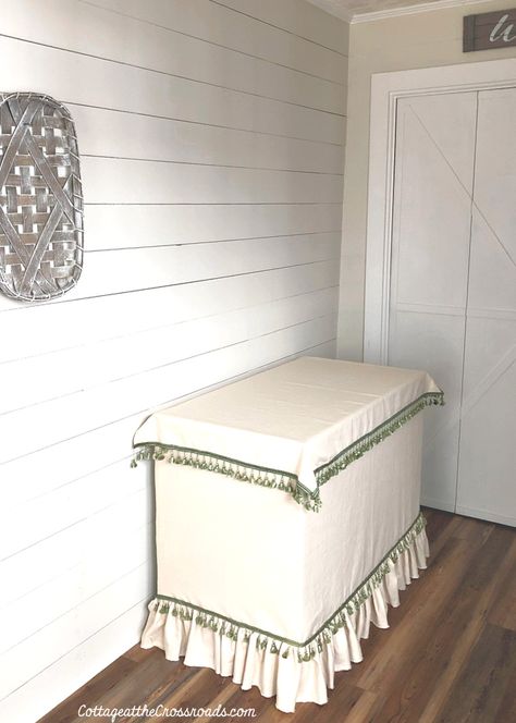 Hide Chest Freezer Ideas, Hidden Freezer Chest, How To Hide Deep Freezer, Hiding Deep Freezer, Freezer Ideas, Mudroom Laundry Room, Diy Kitchen Remodel, How To Make Skirt, Fabric Skirt