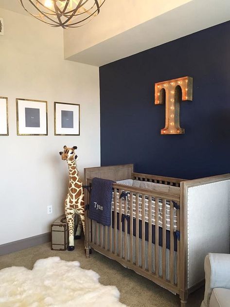 Dark Blue Accent Wall, Industrial Nursery, Blue Accent Wall, Nursery Designs, Blue Accent Walls, Baby Boy Bedroom, Baby Boy Room Decor, 5x8 Rug, Toddler Boys Room