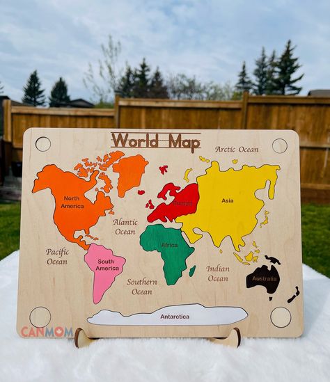 - All natural wooden puzzle - Canadian maple wood, 1/4 thickness and 1/2" when assembled, Formaldehyde-Free we maintain the true proportion of the map in our puzzle. The smallest continent (Australia) is 1.3"by1.1" You can also add the child's name on the back Montessori World Map, Continent Map, World Map Puzzle, World Puzzle, Montessori Color, North Asia, Continents And Oceans, Map Puzzle, Southern Ocean