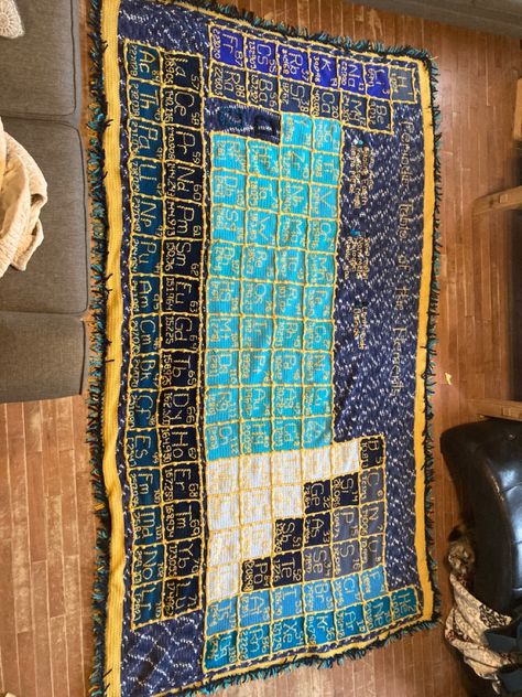 Table Quilt, Table Of Elements, Table Quilts, Crochet Inspo, Mustard Yellow, Shades Of Blue, Teacher Gifts, Periodic Table, Crochet Blanket