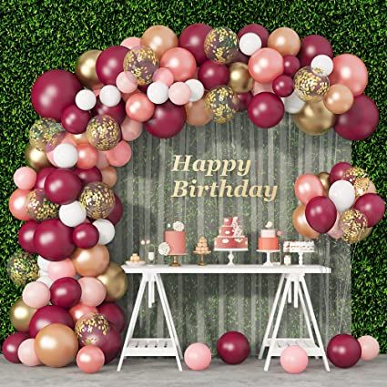 Rose Gold And Burgundy Party Theme, Red And Rose Gold Party Decorations, Burgundy Theme Birthday Party, Burgundy Balloon Arch, Wine Party Decorations, Balloon Garland Diy, Moms Birthday, Gold Party Decorations, Gold Confetti Balloons