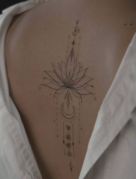 Om Back Tattoo Women, Lotus Tattoo Spine, Lotus Flower Om Tattoo, Back Tattoo Women Lotus, Lotus Flower Tattoo Spine, Full Spine Tattoo, Devine Feminine Tattoos, Lotus Spine Tattoo, Lotus Back Tattoo