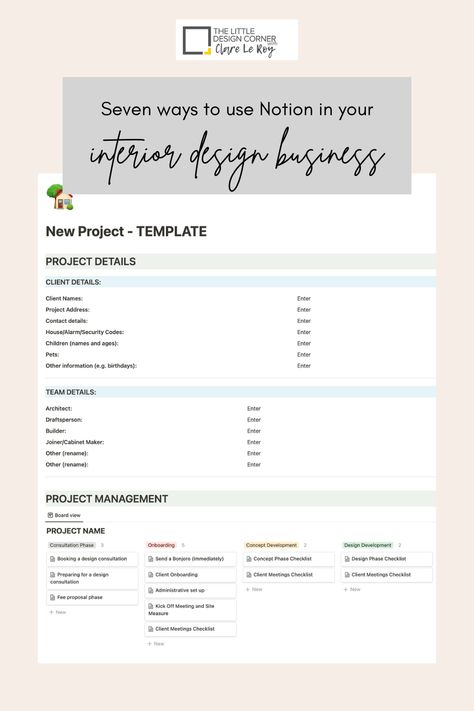 In this post I share 7 ways to use Notion in your interior design business. Interior Design Notion Template, Interior Design Project Management Template, Interior Design Project Management, Interior Design Services List, Interior Design Planner, Interior Design Business Names, Interior Decor Business, Notion Project Management, Interior Decorator Business