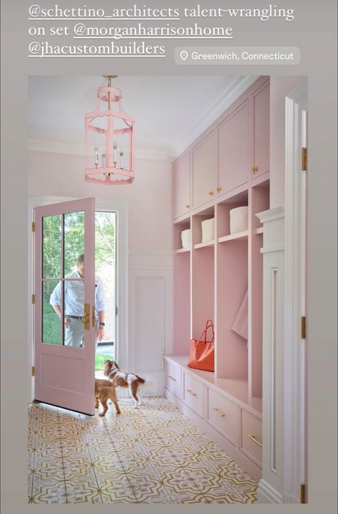 Pink Cabinets Laundry Room, Pink Mudroom, Pink Laundry Room Ideas, Pink Foyer, Pink Laundry Room, Pink Laundry, Pink Laundry Rooms, Pink Cabinets, Dutch Door