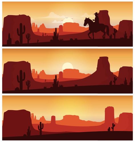 Cowboy riding horse against sunset background. Wild western silhouettes banners Cowboy Sunset, Cowboy Riding Horse, Western Horse Riding, Cowboy Silhouette, Cowboy Posters, Western Posters, Cowboy Design, Desert Scene, Vbs Ideas