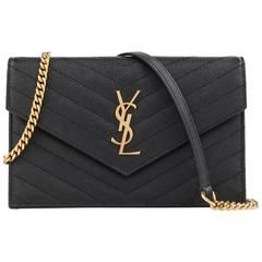 SAINT LAURENT A/W 2015 YSL Black "Monogram Envelope Chain Wallet" Clutch Purse Black Ysl Bag, Ysl Envelope Chain Wallet, Saint Laurent Wallet On Chain, Leather Strap Bag, Leather Monogram, Snap Bag, Womens Outfits, Chain Wallet, Bags Black