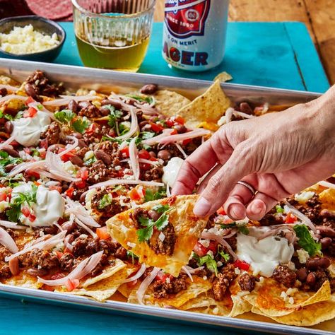 Sheet Pan Nachos Recipe, Best Sides For Bbq, Game Day Foods, Sheet Pan Nachos, Pan Nachos, Pickled Shallots, Homemade Buffalo Sauce, Fall Appetizers, Loaded Nachos