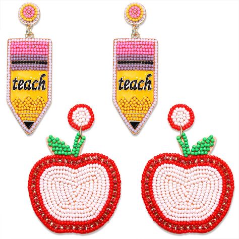 PRICES MAY VARY. 【Teacher Appreciation Gifts】: Thank you for taking the time to expand our minds and cultivate our souls, thank you for reminding us that everyone deserves the chance to grow. These handmade beaded earrings inspired from class elements like pencil, book and apple, cute, fun and meaningful, perfect gift to our wonderful teachers and educators 【BEADED PENCIL EARRINGS】: Whether you are a teacher or a student, these statement pencil drop earrings are sure to make a statement!! Perfec Pencil Earrings, Teacher Earrings, Book Earrings, School Jewelry, Handmade Earrings Beaded, Apple Books, Earrings Statement, Brick Stitch, Appreciation Gifts