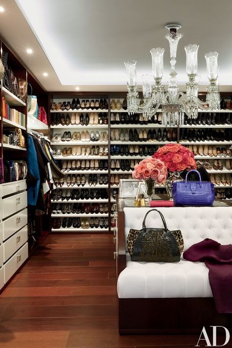 Deniot-designed shelves line the dressing room; the Baccarat chandelier dates from the 1880s, and the handbag and tote in the foreground are Gonzalez staples | archdigest.com Casa Clean, Dressing Room Closet, Amazing Closets, Beautiful Closets, Dream Closets, Closet Inspiration, Room Closet, Closet Designs, Closet Bedroom