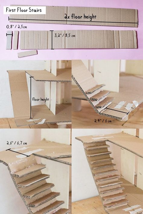 Cardboard Doll House Furniture Diy, Dollhouse Stairs, Cardboard Dollhouse, Barbie House Furniture, Diy Barbie House, Fairy House Crafts, Cardboard Crafts Diy, Dollhouse Diy, Cardboard Box Crafts