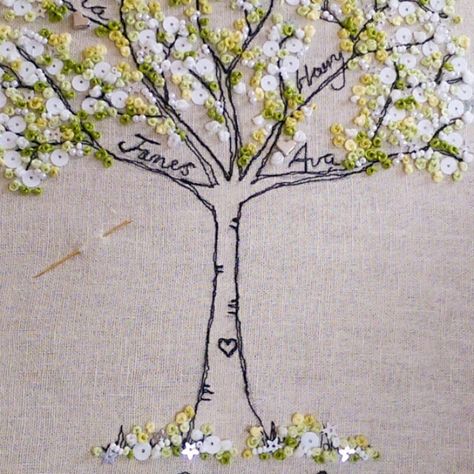 Wedding Guest Tree, Family Tree Embroidery, Helen Newton, Embroidery Pins, Knot Embroidery, Family Tree Project, Freehand Machine Embroidery, French Knot Embroidery, Beginner Sewing Patterns