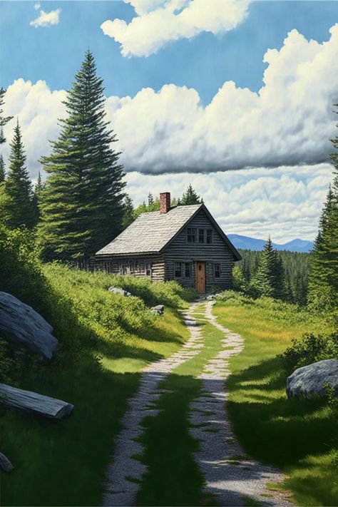 Vermont cabin artwork Environment Painting, Top Of A Mountain, House Cartoon, World Most Beautiful Place, Scenery Photography, Wallpaper Nature Flowers, Canvas Painting Designs, Art Painting Gallery, Mountain Road