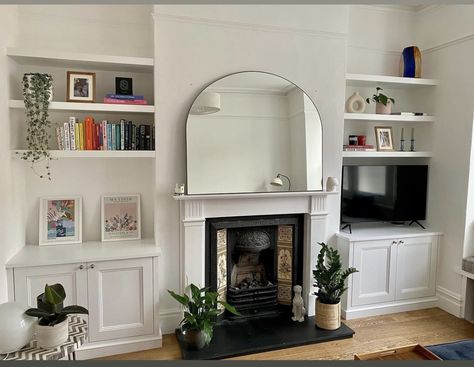 Floating Shelves Alcove, Living Room Alcove Shelves, Alcove Shelves Living Room, Alcove Cabinets Living Room, Alcove Arch, Alcove Ideas Living Room With Tv, Alcove Styling, Alcove Shelving Living Room, Cabinets With Floating Shelves