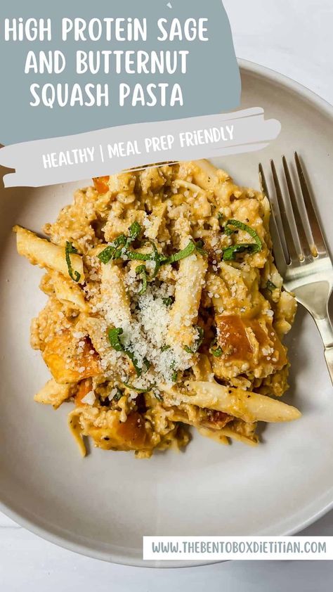 High Protein Sage and Butternut Squash Pasta Butternut Squash Protein Pasta, Butternut Squash Pasta Healthy, Butternut Squash Cottage Cheese, High Protein Pasta Recipes Healthy, High Protein Butternut Squash Recipes, High Protein Fall Meals, Protein Pasta Meal Prep, Sage Butternut Squash, Macro Dinner