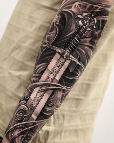 @mdwipeoutz: “Here's an awesome #blackandgrey #sword #tattoo by @castillo.dario that we love! Be sure to stock up…” Knight Warrior Tattoo, Gladiator Tattoo Swords, Till Valhalla Tattoo, Knight Tattoo Warriors, Men Flower Tattoo Sleeve, Crusader Knight Tattoo, Mens Tattoo Sleeves, Best Sleeve Tattoos Men, Warrior Tattoo Sleeve