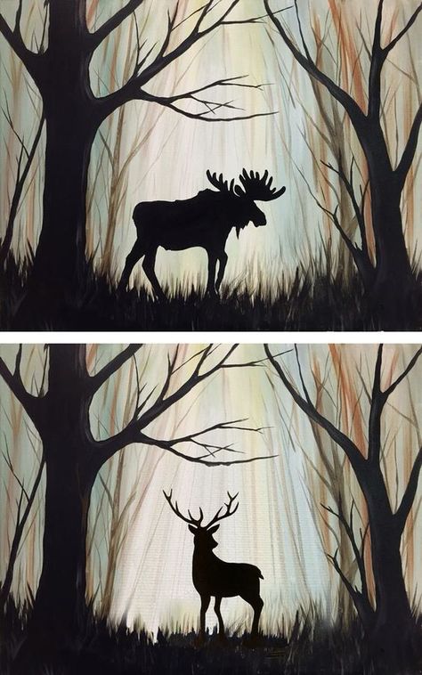 Nature.  Paint a background.  Then choose cut-out silhouettes to paint over it: Deer In The Woods, Hyrule Castle, Animal Ideas, Deer Painting, Silhouette Painting, Night Painting, Silhouette Art, Painting Class, Pics Art