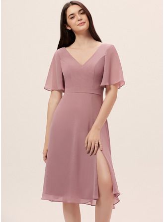 Chiffon Aline Dress, Mid Length Bridesmaid Dresses, Hungary Wedding, Aline Midi Dress, Simple Party Dress, Solid Color Dresses, Beach Minimalist, Short Sleeve Bridesmaid Dress, High Low Bridesmaid Dresses