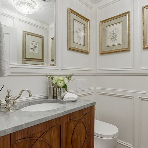 Mount Royal I - Traditional - Cloakroom - Calgary - by MC Designs and Interiors | Houzz UK Traditional Cloakroom, Cloakroom Bathroom, Cloakroom Ideas, Panelled Walls, Cloakroom Suites, Built In Vanity, Small Space Nursery, White Worktop, Walls Ideas