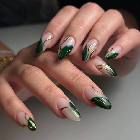 New Arrivals Women Medium Water Droplet French Green Gold Wire Color Blocking Full Coverage Wearable Green Almond Nail Designs, Green And Gold Almond Nails, Green Graduation Nails, Green And Gold Nails Ideas, Green Elegant Nails, Emerald Nails, Green Acrylic Nails, Cheetah Nails, Green Nail Designs