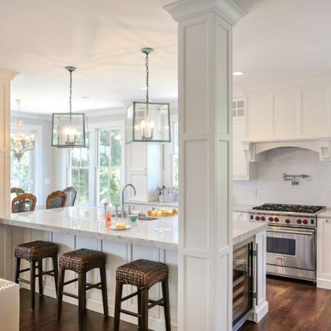 Kitchen Island With Columns Posts, Kitchen Island With Columns, Kitchen Columns, Kitchen Layouts With Island, Kitchen Traditional, Galley Kitchen Remodel, Kitchen Remodel Before And After, Table Haute, Kitchen Island Design