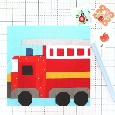 The 2nd new quilt block pattern that I just published in the vehicle/open road theme is the fire truck! Complete with siren and ladder! Just like all of my other patterns, this pattern includes measurements and instructions for 6” and 12” finished blocks and uses all traditional piecing. | Fabric from Riley Blake Designs Truck Quilt, Camping Quilt, Pdf Quilt Pattern, Quilt Block Pattern, Boy Quilts, Fire Fighter, Traditional Quilts, Quilt Block Patterns, Fire Truck