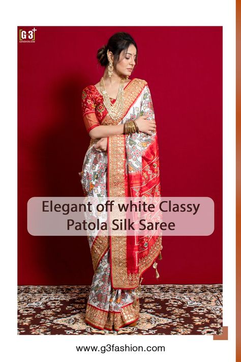 black and white patola saree,white patola saree blouses, red and white patola saree, off white patola saree, white patola saree Patola Saree Blouses, Silk Saree For Reception, White Patola Saree, Saree For Reception, White Sarees, Saree White, Off White Saree, Patola Silk Saree, Lehenga Style Saree