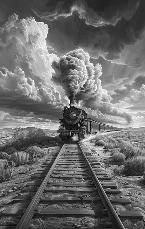 Vintage steam locomotive in desolate, dramatic landscape. Freight Train Tattoo, Train Tattoo, Train Artwork, Landscape Coloring Pages, Desolate Landscape, Steam Trains Photography, Train Wallpaper, Train Drawing, Wood Burning Patterns Stencil