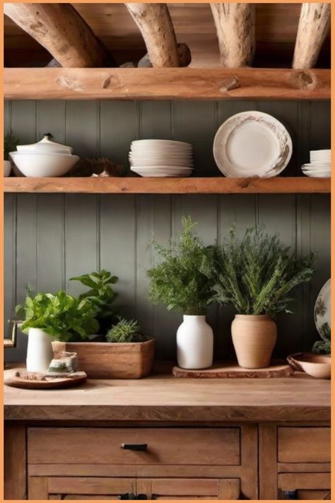 Rustic kitchen shelves with dishes and potted herbs. Old Cabin Makeover, Decorating A Log Cabin Interiors, Green Cabin Interior, Cozy Cabin Interior Design, Moody Cabin Interior, Cute Cabin Interior, Modern Log Home Interiors, Homestyle Fries, Cozy Cabin Bedroom Ideas