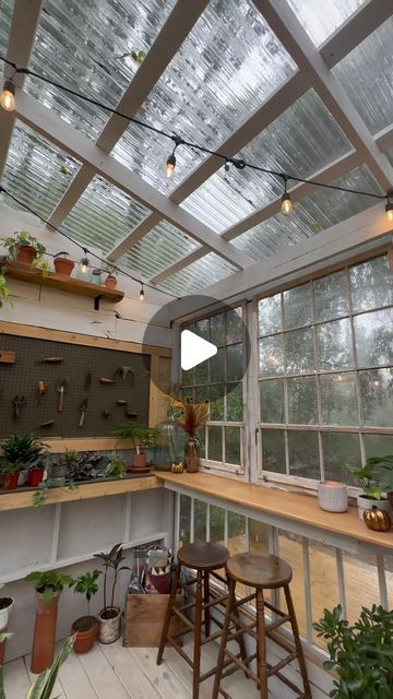 314K views · 37K likes | Jess Tracy on Instagram: "Sometimes nature reminds you of exactly what to do. 

#diy #diyprojects #diygreenhouse #salvagematerials #salvagebuild #greenhouse #greenhouseinteriors #greenhouselife #homedesign #diyproject #garden  #summergarden #gardeninspiration #diyhome #homerenovation #interiordesign #exteriordesign" How To Build A Solarium, Greenhouse Furniture Ideas, Green House Floor Ideas, House Inside Greenhouse, Greenhouse Inside Ideas, Tiny Greenhouse Diy, Slant Roof Greenhouse, Window Greenhouse Diy, Small Greenhouse Interiors