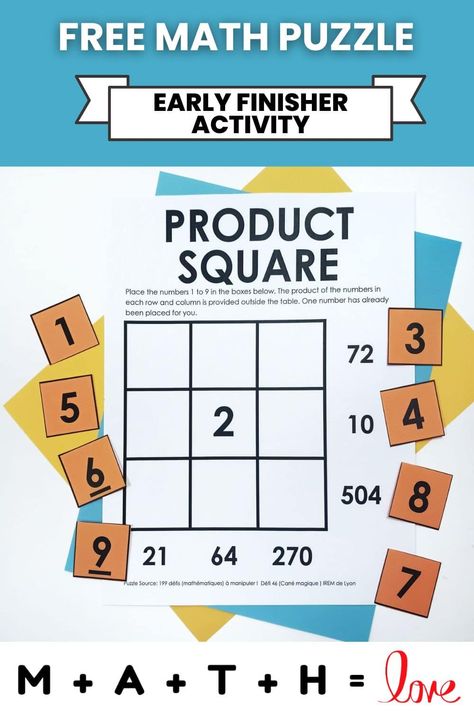 Looking for a free printable math puzzle for kids? This product square puzzle makes a great classroom warm-up for a lesson on multiplication or an early finisher activity for your elementary, middle school, or high school classroom. Be sure to check out my blog for more visual math puzzles. Calculus Jokes, Math Boggle, Multiplication Squares, Secondary Math Classroom, Ap Calculus Ab, High School Math Classroom, Free Printable Puzzles, Substitute Teaching, Math Puzzles