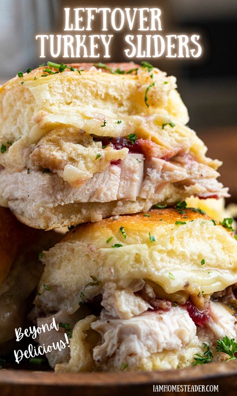 Leftover Turkey Sliders give you all the flavors and components of a Thanksgiving dinner at your fingertips. Turkey Recipes, Turkey Sliders, Loaded Turkey Sliders, Sliders, Slider Recipes, i am homesteader, iamhomesteader, Thanksgiving, Christmas, holidays, leftovers Leftover Turkey Sandwich Thanksgiving, Leftover Turkey Wraps, Turkey And Stuffing Sliders, Leftover Thanksgiving Turkey Sliders, Turkey And Dressing Sliders, Thanksgiving Sliders Recipes, Turkey Dressing Cranberry Sliders, Turkey Sliders Thanksgiving, Marinated Sandwiches