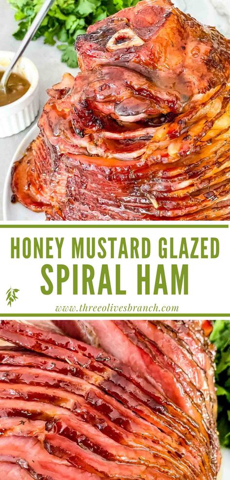 Honey Mustard Glazed Spiral Ham is a perfect holiday main course recipe! Classic flavors on this holiday ham roast for a sweet flavor with a little kick. Gluten free. Perfect for Thanksgiving, Christmas, and Easter dinner. Honey Mustard Baked Ham, Spiraled Ham In Oven, Glazed Spiral Ham In Oven, Spiral Cut Ham Oven Recipes, Easy Glaze For Ham Simple, Thanksgiving Spiral Ham Recipes, How To Prepare A Ham For Thanksgiving, Sauce For Spiral Ham, Christmas Dinner Southern