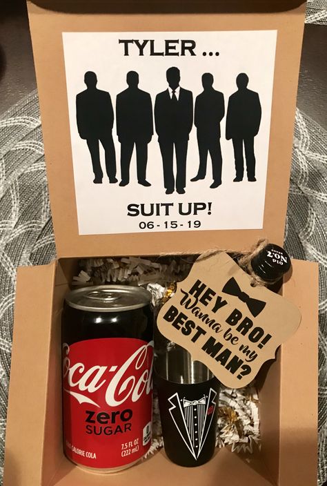 Groomsman proposal I made for my Fiancé’s Best Man! ❤️ #GroomsmanProposal #BestMan #SuitUp Grooms Box Ideas, Groomsman Proposal Ideas Non Alcoholic, Best Man Proposal Box Ideas, Groomsman Boxes, Man Of Honor Proposal, Best Man Proposal, Groomsmen Invitation, Groomsman Proposal, Groomsmen Proposal Gifts