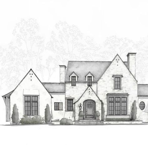 English Modern Exterior, European Houses English Cottages, Rebecca Gibbs Design, Modern French Cottage Exterior, European Farmhouse House Plans, House Exterior Sketch, Modern English Cottage Exterior, French European House, Modern Tudor House Exterior