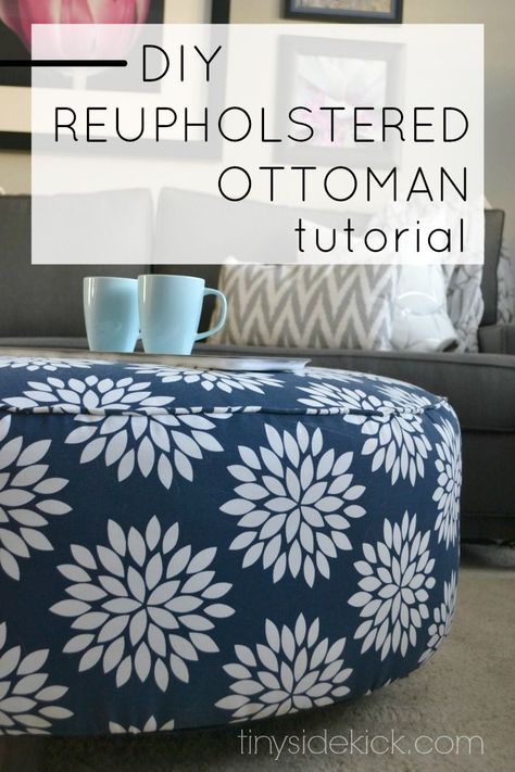 How to reupholster an ottoman-  For the cost of a few yards of fabric you can take an old ottoman and make it look new again! How To Reupholster An Ottoman, Round Ottoman, Décor Diy, Reupholster, Easy Diy Projects, Furniture Projects, Furniture Makeover, Futon, Decor Project