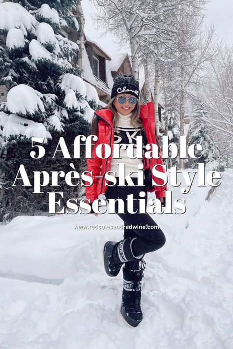 Affordable Après-ski Style essentials that are alternatives to high-end ski fashion! Perfect Moment Sweaters, Moon Boots, SAM Puffer Jackets Apres Chic Style, Ladies Ski Outfits, Best Winter Boots Women Snow, Aspen Snow Outfit, Apres Ski Looks Women, Winter Ski Resort Outfit, Womens Apres Ski Outfits, Ski Sweater Outfit, Ski Outfit 2024