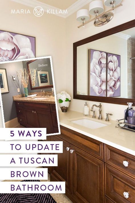 Are you tired of looking at a bathroom filled with tuscan brown elements? Here are 5 ways to update your bathroom for a fresher look. Hint: it has a lot to do with adding more white or cream. Bathroom Ideas Dark Brown Cabinets, Tan And Brown Bathroom Decor Ideas, Cream Sink Bathroom Ideas, Green And Tan Bathroom Ideas, Brown And Beige Bathroom Decor, Bathroom With Tan Walls, Tan Bathroom Tile Ideas, Bathroom Cream Countertop, Brown And Cream Bathroom Ideas