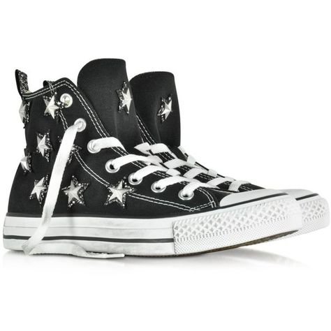 Converse Limited Edition Shoes All Star Hi Black Canvas and Silver... (£100) ❤ liked on Polyvore featuring shoes, sneakers, glitter sneakers, canvas sneakers, converse sneakers, lace up sneakers and silver sneakers Black Glitter Shoes, Silver Glitter Shoes, Stars Glitter, Studded Sneakers, Basket Noir, Sneakers Converse, Limited Edition Shoes, Silver Sneakers, Shoes Converse