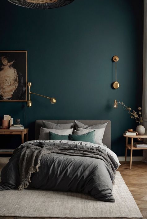 decorating interiors, interior bedroom design, kitchen designs, living room interior Dark Green Room Ideas, Dark Turquoise Bedroom, Color Drenching Bedroom, Cozy Bedroom Ideas For Couples Romantic, Grey Blue Bedroom, Barndo Interior, Grey Green Bedrooms, Dark Blue Bedroom, Mens House