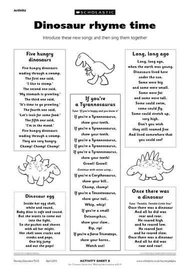 http://images.scholastic.co.uk/assets/a/e1/b9/ne0410a2iiback4-inp-1-522255.pdf Music Theme Preschool, Dinosaur Rhymes, Dinosaur Poem, Dinosaurs Eyfs, Dinosaur Songs, Early Years Teaching, Dinosaur Lesson, Dinosaur Theme Preschool, Dinosaur Activities Preschool