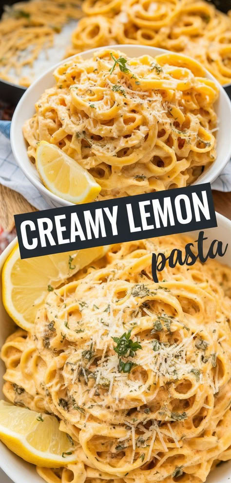 Creamy Lemon Pasta: a bright and refreshing dish with a creamy, tangy lemon sauce that perfectly coats every bite. Quick, easy, and delicious—ideal for a light yet satisfying meal! Lemon Noodle Pasta, Creamy Lemon Pasta Sauce, Lemon Spaghetti Recipes, Lemon Shrimp Pasta Recipes, Lemon Linguini Pasta, Creamy Lemon Pasta Recipes, Lemon Chicken Pasta Recipes, Lemon Dinner Recipes, Dishes With Lemon