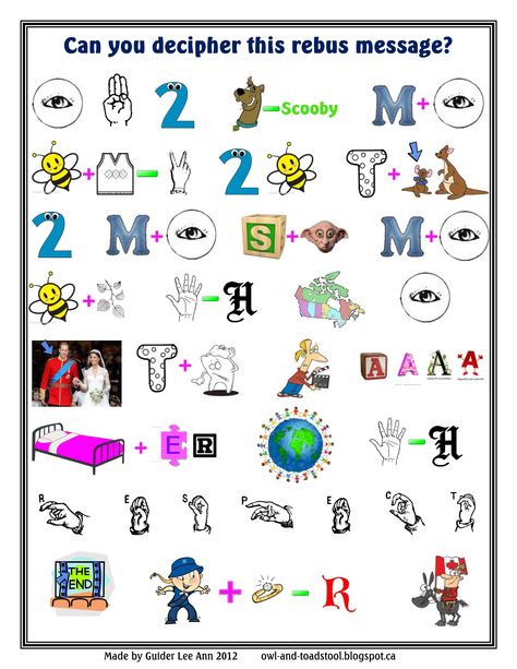 Rebus Puzzle {Guide Promise}...this is a fun Patrol activity.  http://owl-and-toadstool.blogspot.ca/2012/11/rebus-messages.html Girlguiding Promise Activities, Rebus Puzzles With Answers, Word Brain Teasers, Brownies Activities, Brownie Guides, Puzzles With Answers, Word Riddles, Brownie Badges, Rebus Puzzles