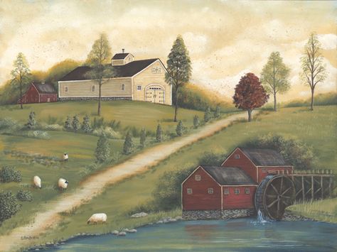 Everyday Pictures, Landscape House, Billy Jacobs, Charles Wysocki, Bathroom Mural, Mural Stencil, Primitive Painting, Folk Painting, Arte Folk