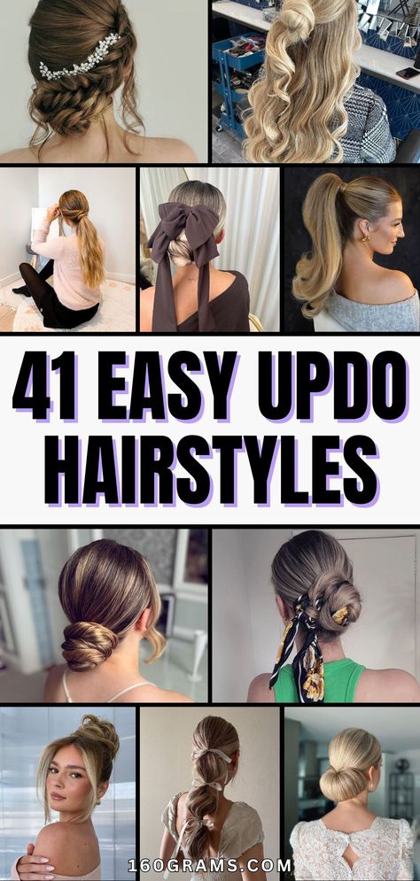 Save this pin for chic and simple updo hairstyles perfect for any hair length. Elevate your look with these gorgeous styles that are sure to turn heads. #UpdoHairstyles #HairInspiration #FashionBlog Simple Wedding Updos For Long Hair, Braided Headband Updo, Simple Updo Hairstyles, Hairstyles For Long Hair Updo, Braided Space Buns, Formal Hairstyles Updo, Curly Drawstring Ponytail, Updo With Headband, Loose Curly Hair