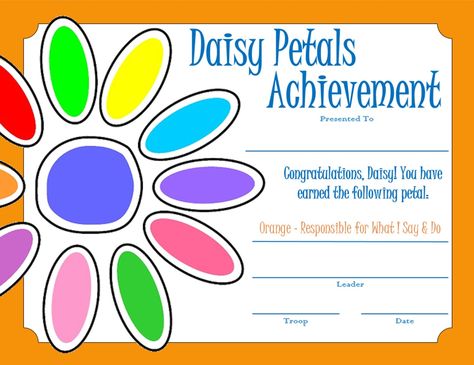 Daisy Petal Certificate - Orange Girl Scout Daisy Petals, Girl Scout Levels, Girl Scout Daisy Activities, Daisy Ideas, Girl Scout Mom, Girl Scout Troop Leader, Daisy Troop, Scout Mom, Girl Scout Badges