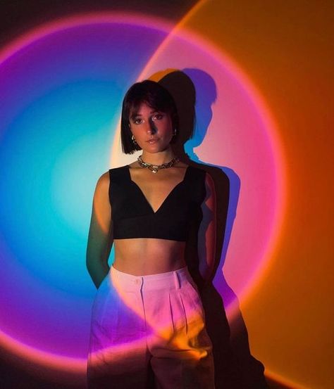 Disco Light Photoshoot, Rainbow Light Photoshoot, Colored Light Photoshoot, Sunset Lamp Portrait, Color Light Photoshoot, Led Photoshoot Ideas, Led Light Photoshoot Aesthetic, Sun Lamp Photoshoot, Led Lights Photoshoot